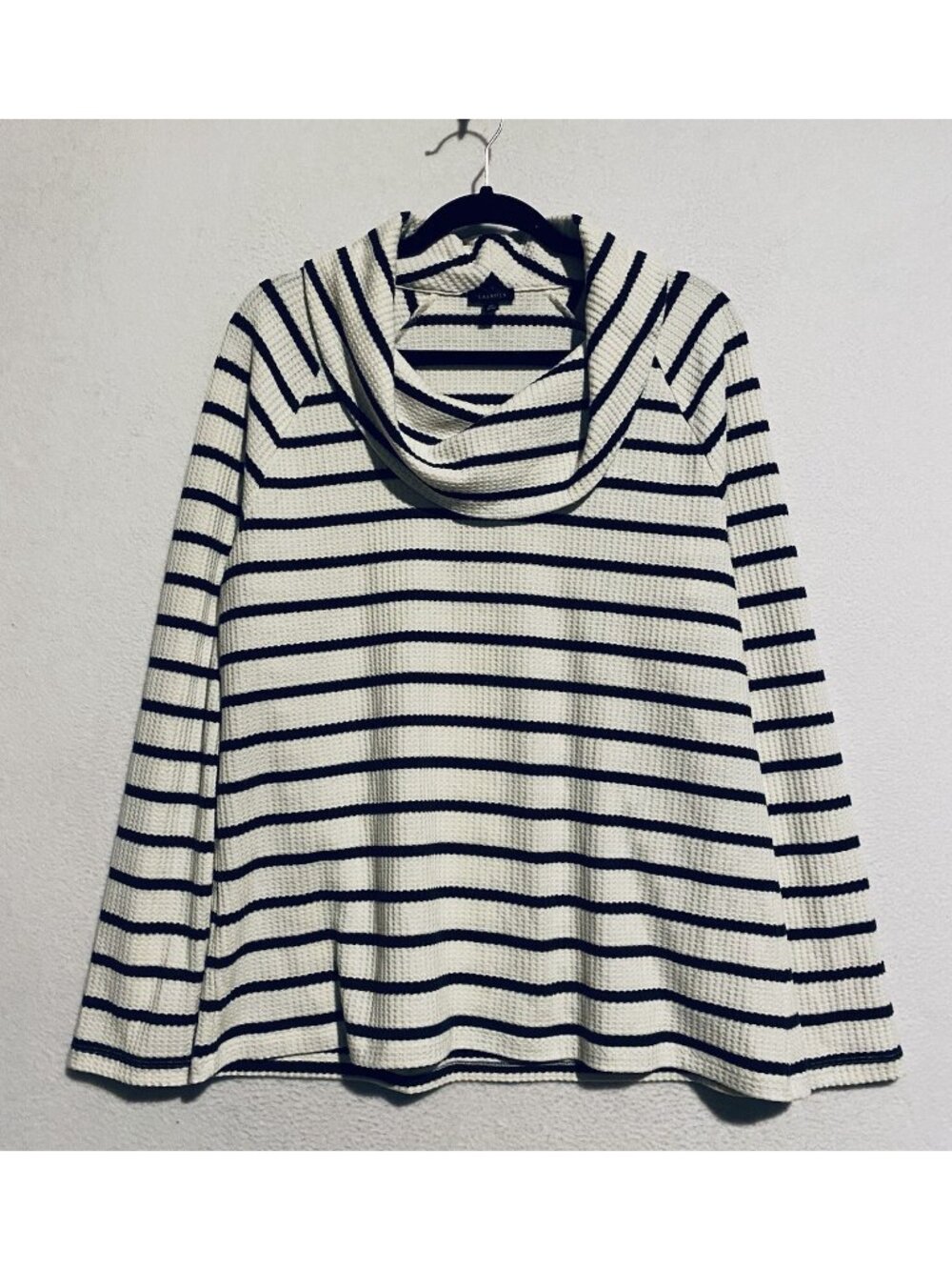 Talbots Top Womens XL Ivory Green Striped Relaxed Cowl Neck Waffle Knit Comfy